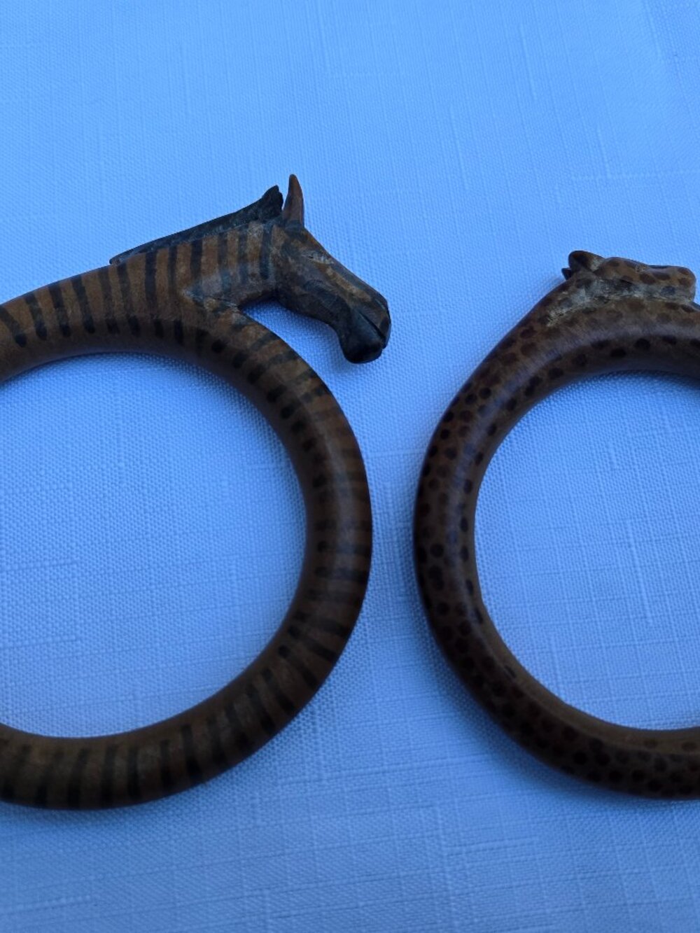 Hand Carved Wooden Animal Bracelets Bangles Set of 2 Zebra and Leopard